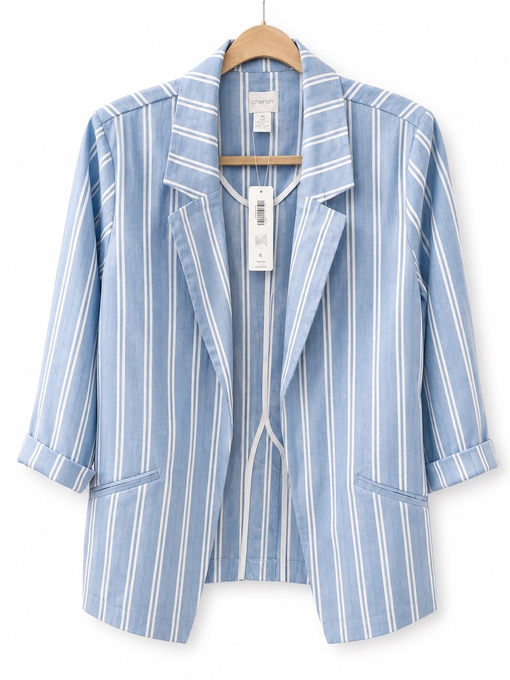 Chico's Light Blue & White Striped Open-Front Blazer